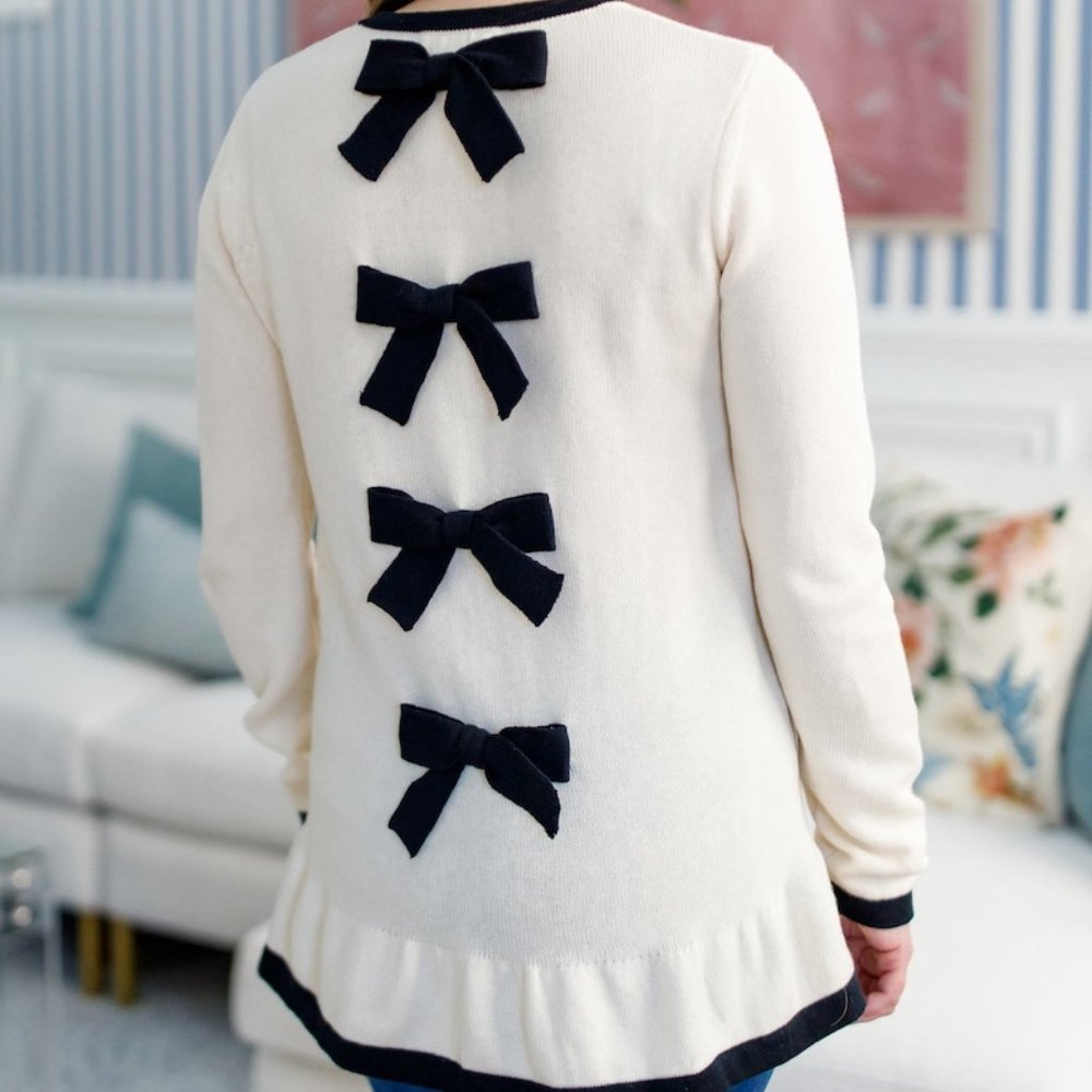 NWT Sail to Sable Faith Bow Back Sweater Winter White + Black Bows XS